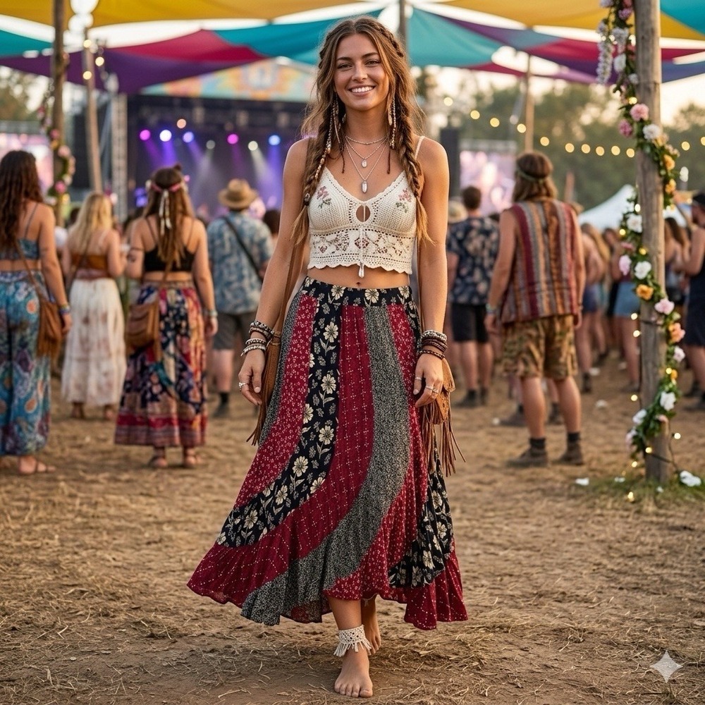 Willow Ridge Maxi Skirt Womens M Mixed Print Patch Boho